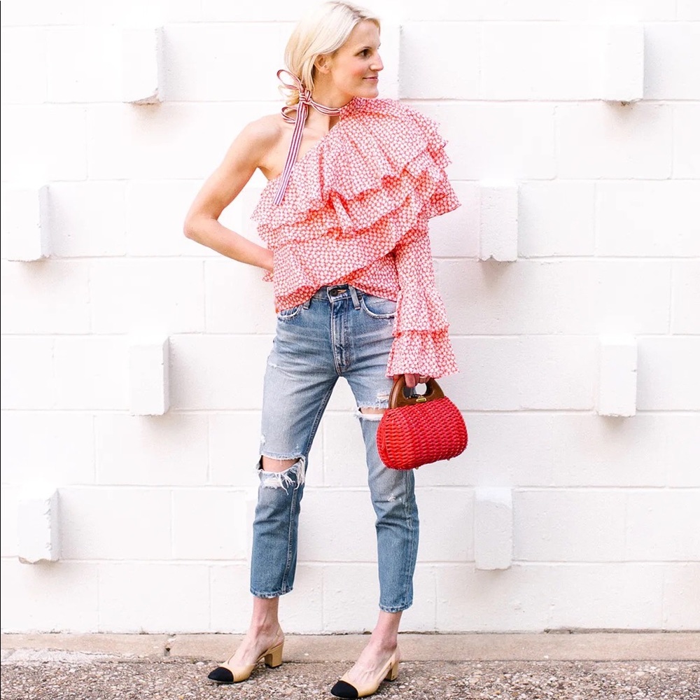 Rosie Assoulin Cork Screw One Shoulder Ruffle Top NWT